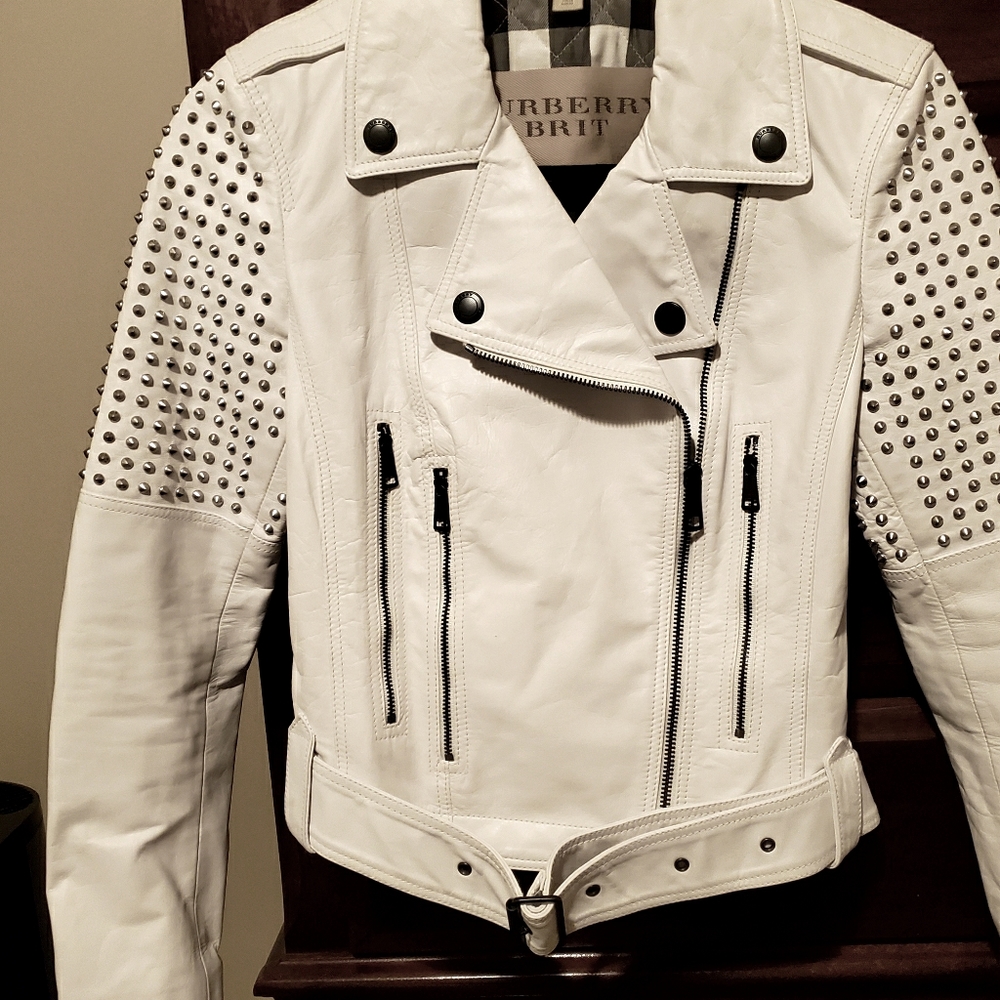 Burberry Brit studded white leather moto jacket